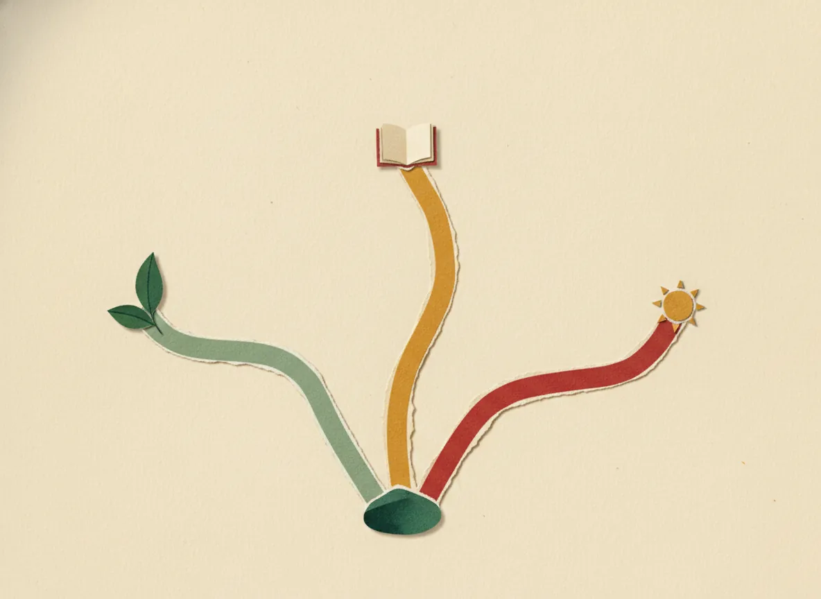Paper-collage of three diverging paths in sage, gold, and vermilion leading to different symbols