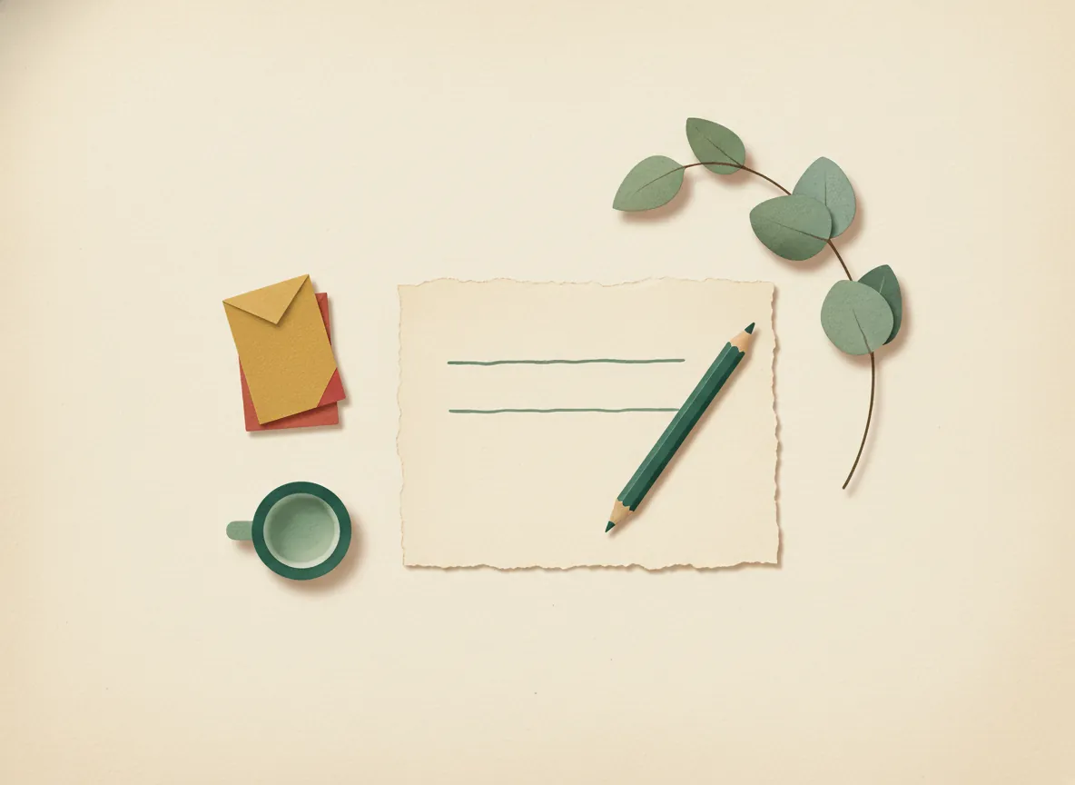 Paper-collage of a writing desk with pencil, paper, and booklets