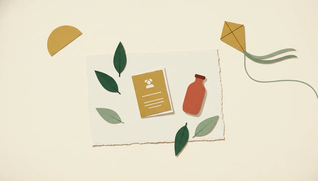 Paper-collage of a picnic blanket with a program booklet, eucalyptus leaves, a kite, and a sun