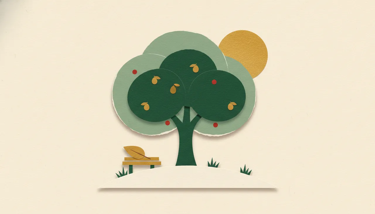 Paper-collage of a single sturdy tree with layered canopy, a bench, and gold fruit shapes